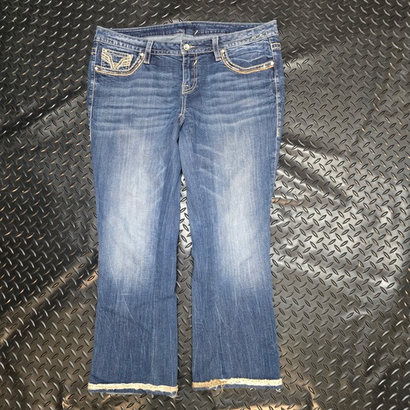 Vigoss Denim - Vigoss Womens Bootcut Jeans Medium Wash Embellished Pockets Frayed Hem Size 20